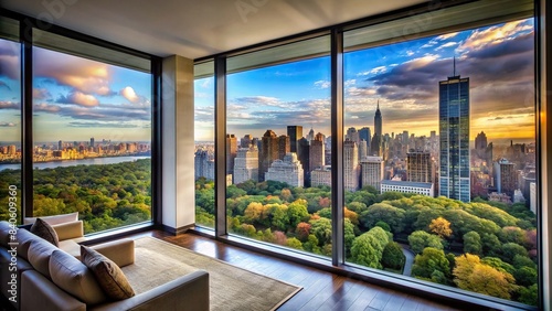 View of Central Park from inside a room , urban, cityscape, Manhattan, New York, skyline, nature, park, trees, windows, interior, room, apartment, view, skyscrapers, greenery, peaceful