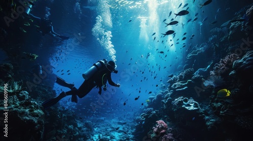 A man in a scuba suit is swimming in the ocean water is clear and blue.