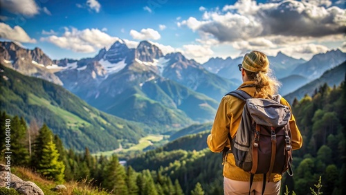 Tourist traveling in the mountains, back view, with a focus on the landscape , mountains, travel, tourist, adventure, exploration, hiking, scenery, nature, outdoor, wilderness, trekking
