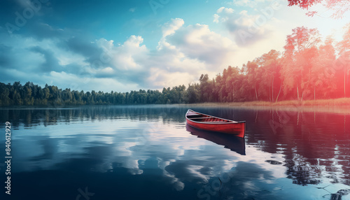 A red canoe sits in a lake at sunset
