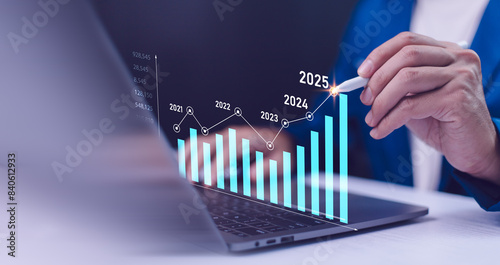 2024 to 2025 business financial plan market concept, performance of profit growth on 2024, education trend up finance on growth graph money revenue, Businessman analyzes profitability of working.