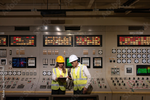 Team of Asian male and female engineers Become a system maintenance technician in a large power plant that produces energy for export in a world-class industry. Control the main circuit switch panel