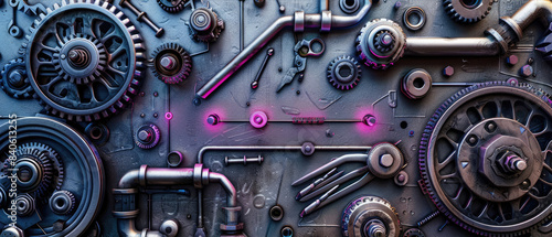 Metal background featuring mechanical tools, pipes, cogs, and wheels. Ideal for engineering MEP plumbing and repair services as a wide banner with copy space.