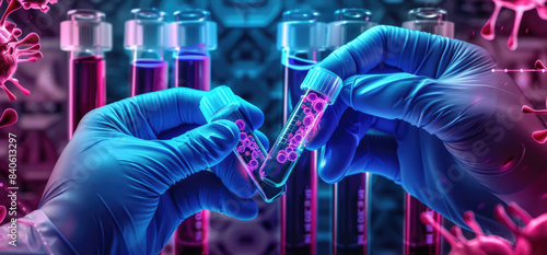 Scientist holding medical testing tubes for pharmaceutical research. This wide banner features blood cells and virus cure using DNA genome sequencing biotechnology.
