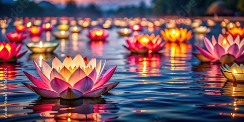 Lotus vesak lanterns floating on water with light reflection and copy space, lotus, vesak, lanterns, water, reflection, peaceful, serene, tranquil, meditation, buddhism, traditional