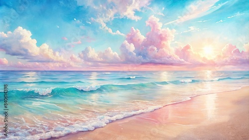 Realistic watercolor style sea beach background in soft pink pastel tone , ocean, beach, shoreline, waves, sand, sunset, tranquil, peaceful, serene, coastline, beautiful, paradise, vacation