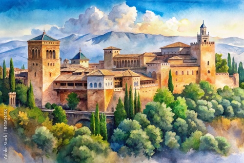 Watercolor painting capturing the intricate architecture of the Alhambra in Granada, Spain, watercolor, painting, Alhambra