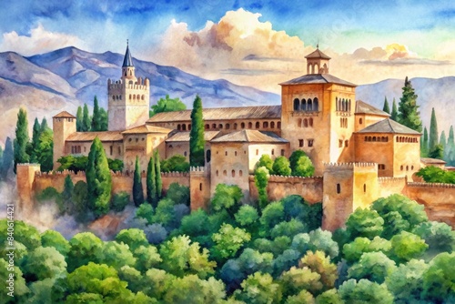 Watercolor painting capturing the intricate architecture of the Alhambra in Granada, Spain, watercolor, painting, Alhambra