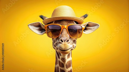 A silly giraffe with sunglasses and a hat, ready for summer, on a monochrome yellow background , Giraffe, Sunglasses, Hat, Summer, Funny, Animal, Yellow, Background, Cool, Cartoon, Safari