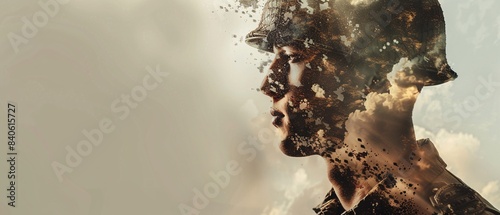 Resilience Through Generations - Emotional Double Exposure of WWII Soldier and Modern Veteran with Reflective Space for Text