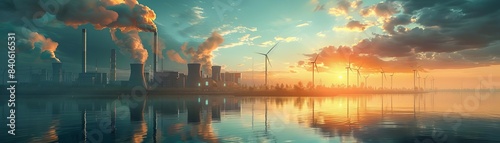 Sunrise over a power plant with wind turbines.