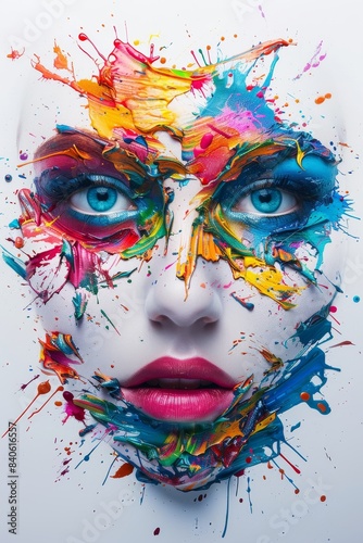 3D colorful painting of a woman's face made from paint splashes on a white background, and some women's faces around the big face the picture with a hyper realistic style, rococo 