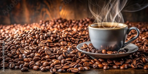 Close-up of roasted coffee beans with a steaming cup of coffee in the background, coffee, beans, cup, drink, aroma, dark roast, caffeine, hot, morning, breakfast, beverage, aroma, energy