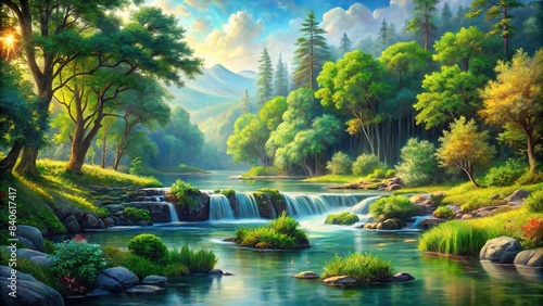 Tranquil painting of a breathtaking landscape with lush greenery and flowing water , nature, serene, landscape, beauty, canvas, art, peaceful, tranquil, scenery, picturesque, peaceful