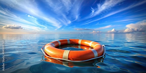 An orange lifebuoy floating on calm ocean waters with sky background, safety, hope, rescue, emergency, ocean, sea, buoy, water, life-saving, nautical, maritime, flotation, life preserver