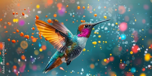 Vibrant hummingbird in flight against a colorful bokeh background, showcasing its iridescent feathers and dynamic energy.