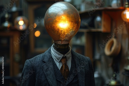A creative image of a mannequin with an old-fashioned light bulb for a head in a vintage setting. Light headed man