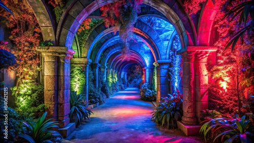 Mystical garden corridor illuminated by vibrant red and blue lights, with lush foliage and ancient stone arches creating a dreamlike atmosphere, mystical, garden, corridor, vibrant, red, blue