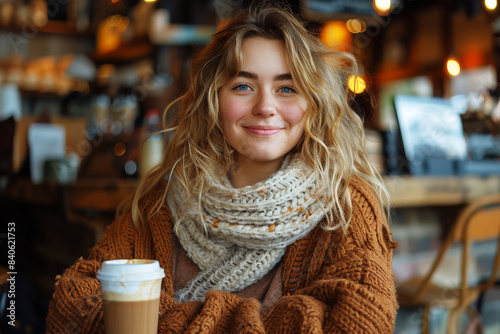 Cheerful young woman smiles warmly as she enjoys a coffee break in a cozy coffee shop. She is dressed in a warm sweater and scarf, creating a sense of comfort and relaxation