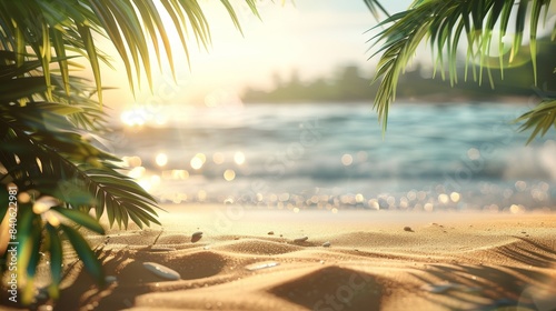 Tropical Paradise Beach at Sunset With Palm Trees and Golden Sand