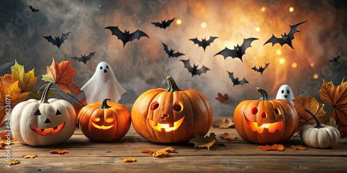Halloween themed decorations including pumpkins, ghosts, and bats in a tone on tone background , Halloween, decorations, pumpkins, ghosts, bats, tone on tone, background, spooky, holiday