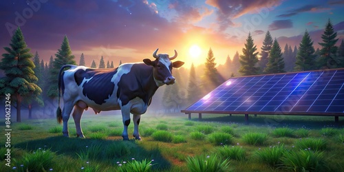 A cow standing near a solar panel in a natural farm environment , renewable energy, sustainability, agriculture, farm animals, green energy, photovoltaic, eco-friendly, countryside