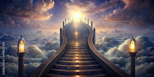 A long curved staircase leading to modern gates surrounded by clouds, staircase, modern, gates, clouds, architecture, design, elegant, entrance, heaven, heaven's gate, stairway