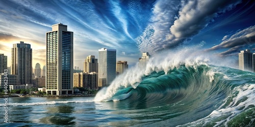 Destruction caused by massive tsunami wave engulfing city , natural disaster, wave, destruction, city, catastrophe, tsunami, storm, flooding, water, power, force, impact, damage, emergency
