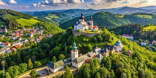 Aerial view of Kalv?ria Bansk? ?tiavnica surrounded by lush greenery in summer in Slovakia , Kalvaria, Bansk? ?tiavnica, Slovakia, view, aerial, landscape, historic, landmark, religious