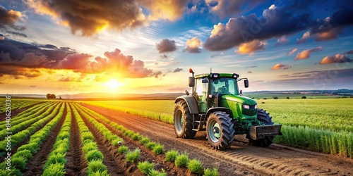 Advanced tractor managing precision farming in verdant agricultural fields with space for text, tractor, advanced, technology, precision farming, agriculture, fields, farmland, rural