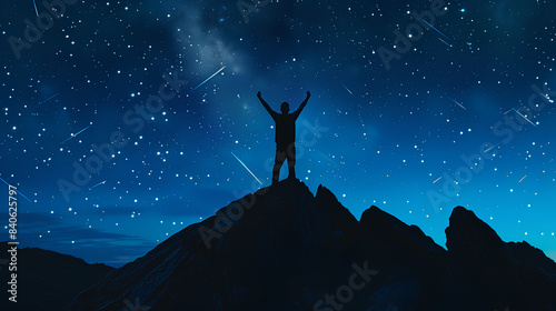 Silhouette of a man on top of mountain, arms raised in victory with shooting stars, falling meteors, in the night sky, symbolizing nature, success, achievement and freedom