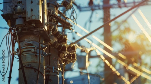 A close-up of a utility pole with transformers and insulators, highlighting the complexity and importance of electrical distribution systems