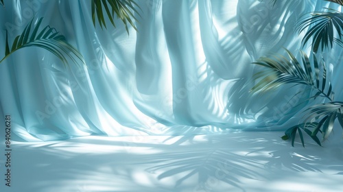 Light Blue Fabric Draped Over Palm Leaves in Sunlight