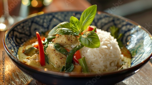 A colorful and aromatic Thai green curry served with fluffy jasmine rice, highlighting the global fascination with the bold and vibrant flavors of Thai cuisine