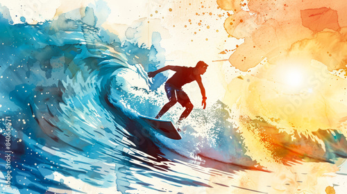 Surfer catching wave on sunlit ocean, watercolor illustration of summer adventure and freedom 