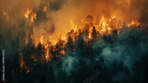 A forest on fire with thick smoke filling the air, representing the increasing frequency and intensity of wildfires due to global warming