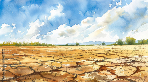 Watercolor illustration of a barren landscape affected by continuous drought and declining agricultural productivity 