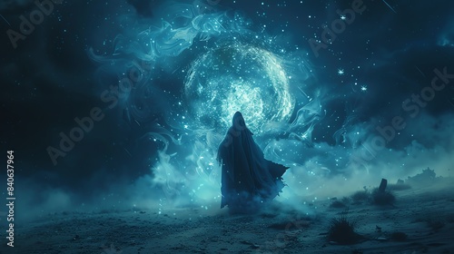 A wizard casting a spell in a moonlit clearing, with magical symbols glowing in the air around him.