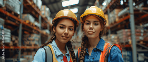 Two Female Warehouse Workers Wearing Safety Helmets and Reflective Vests in a Modern Industrial Storage Facility