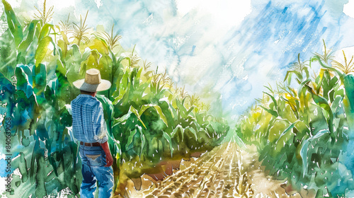 Watercolor illustration of a farmer contending with invasive weeds overtaking a cornfield 