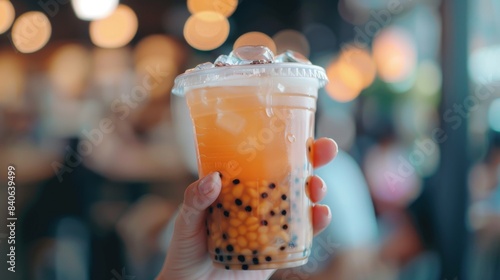 A hand holding a cup of freshly brewed jasmine tea with a side of chewy tapioca pearls, showcasing the customizable options for bubble milk tea enthusiasts