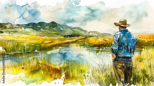 Watercolor illustration of a farmer worried about water pollution impacting crop safety and quality 