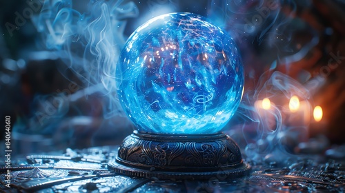 A crystal ball on a mystical altar, with swirling mist and glowing symbols inside the orb.