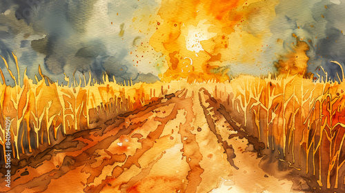 Watercolor illustration of a scorching heatwave damaging crops and impacting agricultural yield in rural area 