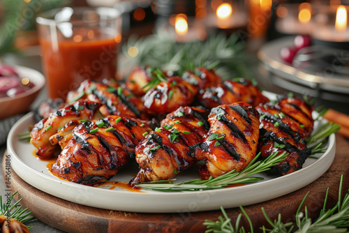Juicy BBQ chicken wings garnished with herbs on a festive plate, ideal for culinary blogs and cookbook features.
