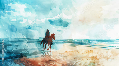 Woman riding horse along a sandy beach, watercolor capturing summer freedom and adventure 