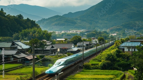A high-speed train passing through a rural village, showing the connection between remote areas and urban centers