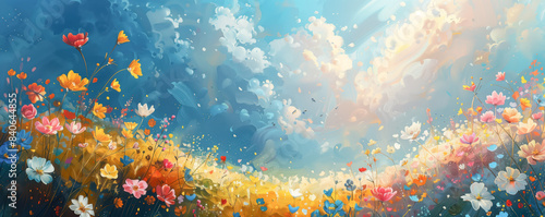 Art illustration of the field with blooming colourful flowers. Background and banner concept.