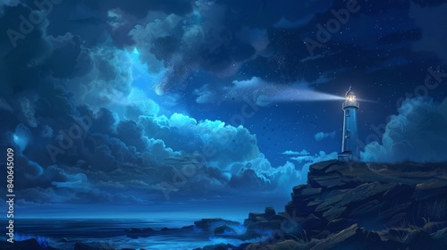 A lighthouse on a rocky coastline with its beam of light cutting through the night sky, guiding ships safely home
