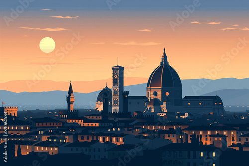City Silhouette at Dusk, Florence Silhouette, Italy City, Sunset over the city